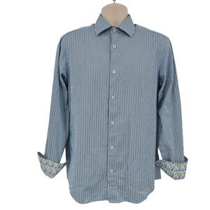 Bugatchi Shirt Men 15.5 34/35 M Flip Cuff Blue Stripe Cotton Floral Preppy Dress